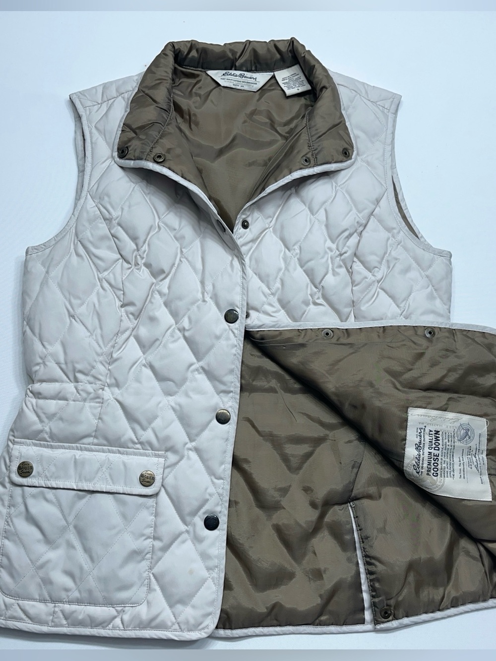 Eddie Bauer Premium Goose Down Vest Womens Size Small Full Snap Quilted in Ivory